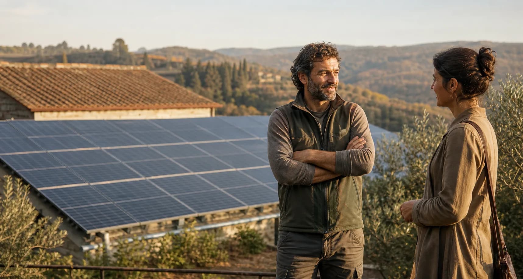 Un produttore e una referente della comunità davanti a un impianto solare