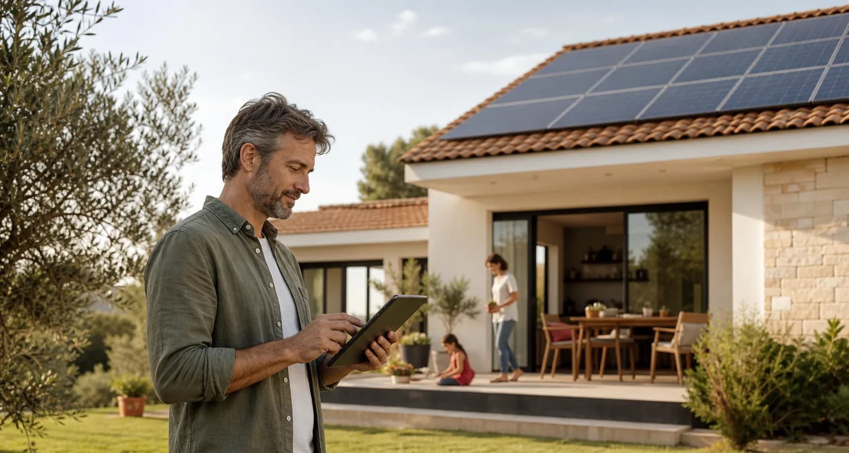 Una persona controlla il proprio impianto solare mentre la famiglia è in casa