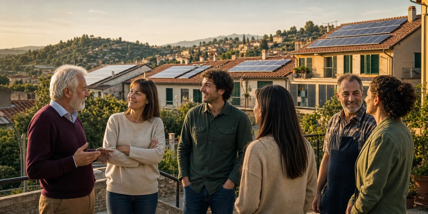 Persone riunite in un quartiere italiano con impianti fotovoltaici sui tetti