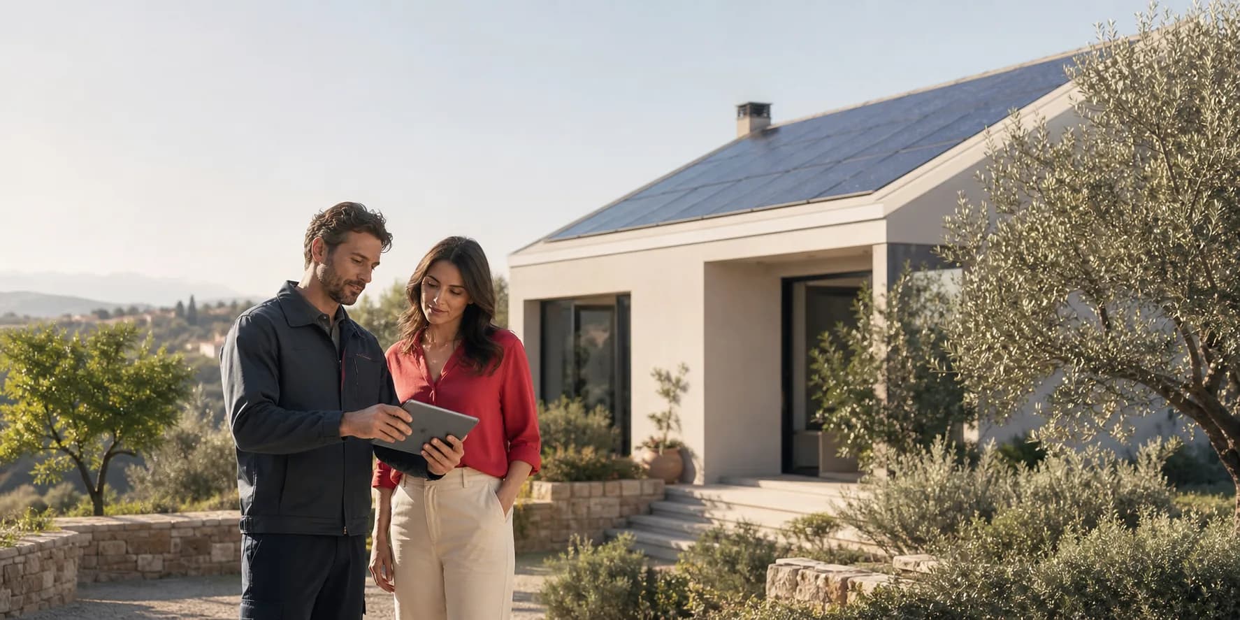 Un installatore mostra a una cliente il progetto per una casa con pannelli solari